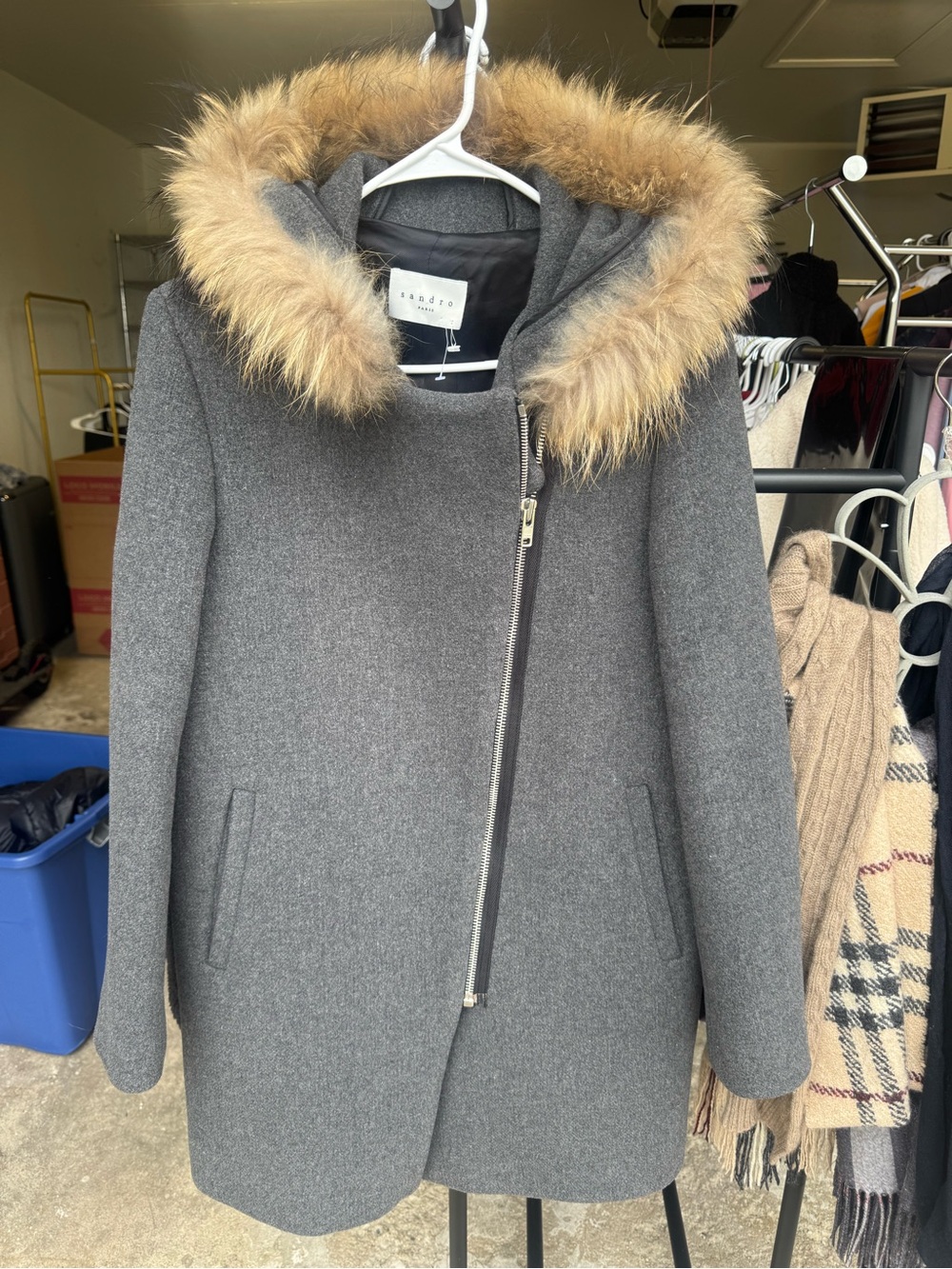 Sandro Gray Cashmere Pea Coat with Fur Trim Hood